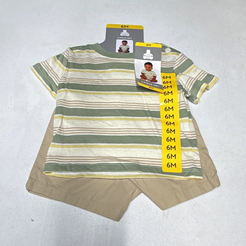 BabyGap Boys 6M 2Pc Cotton Knit Striped Tee & Shorts Set Green/Beige